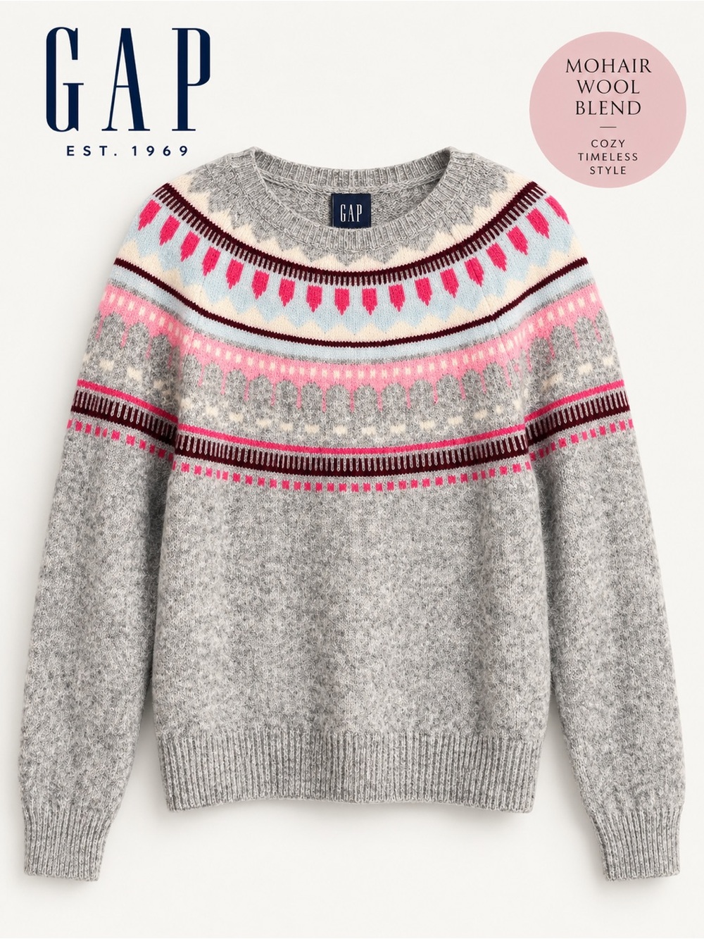 GAP Fair Isle Mohair Wool Sweater Gray Pink Blue Women’s L Nordic - Small Flaw